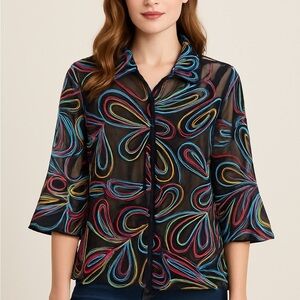 Ali Miles Sheer Embroidered Mesh Button-Front Top – NWT – Size S